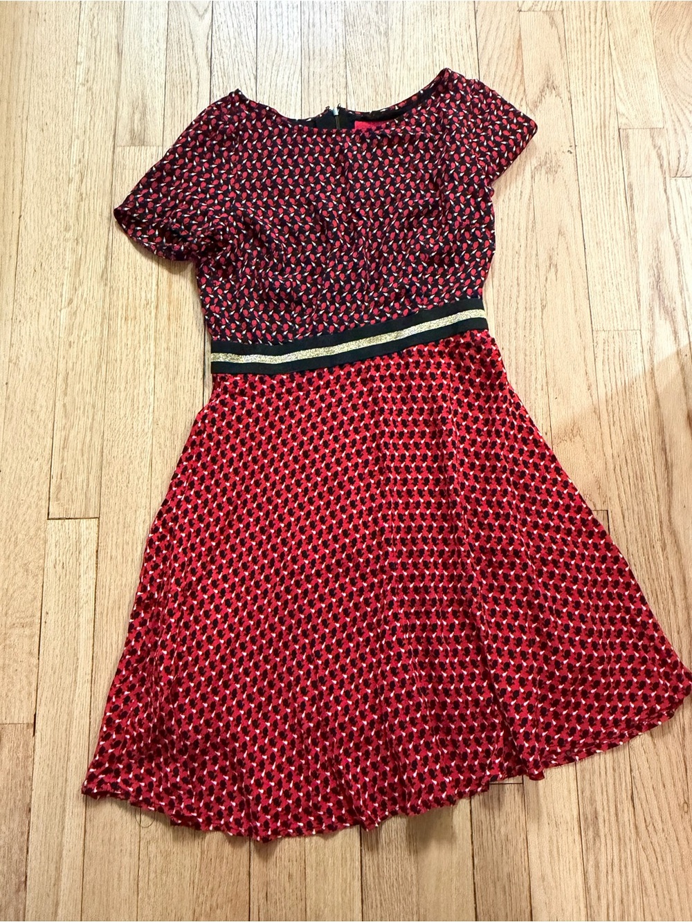 Maeve Red Bunny Patterned Fit-and-Flare Dress with Striped Waistband